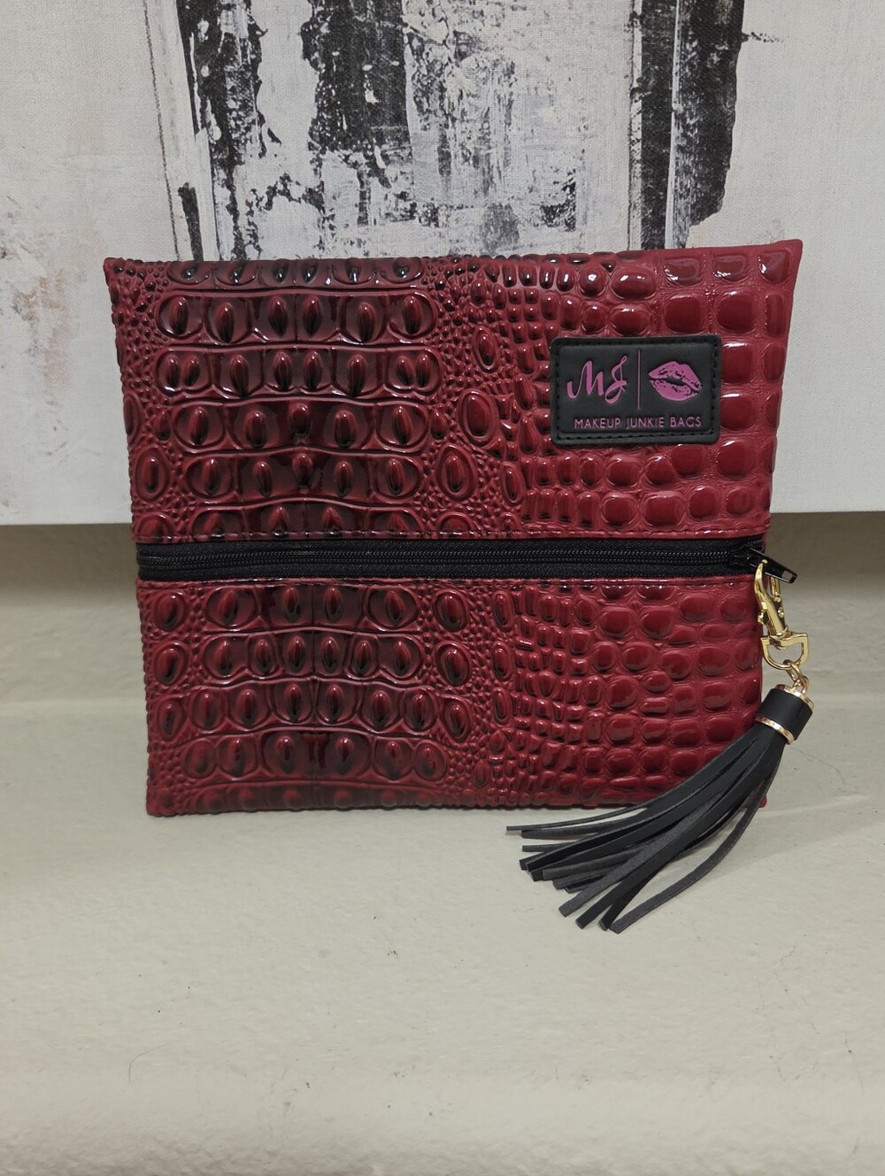 Makeup Junkie Bag Small Red Croc-Embossed Cosmetic Pouch with Tassel Preloved
